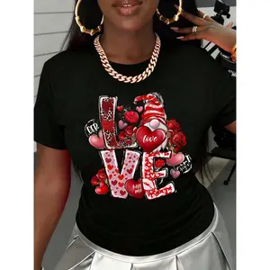 Whimsical Gnome & Heart Print Valentine's T-Shirt Love Design Graphic Tee for Couples and Unique Gift Style in Quirky Romantic Apparel