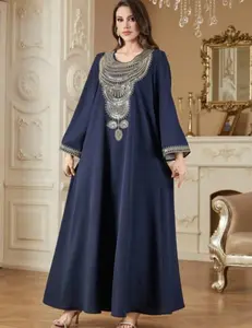New Fashion Embroidery Abaya with Pendant Tassel Muslim Dress for Special Occasions and Everyday Wear Stylish and Trendy Navy Blue