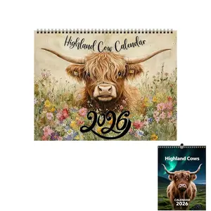 2026 Highland Cow Calendar, Watercolor Scottish Wall Art Decor, Highland Cow Gifts, Party Decoration Banner, Highland Cow Pattern Poster, Cute Cow Pattern