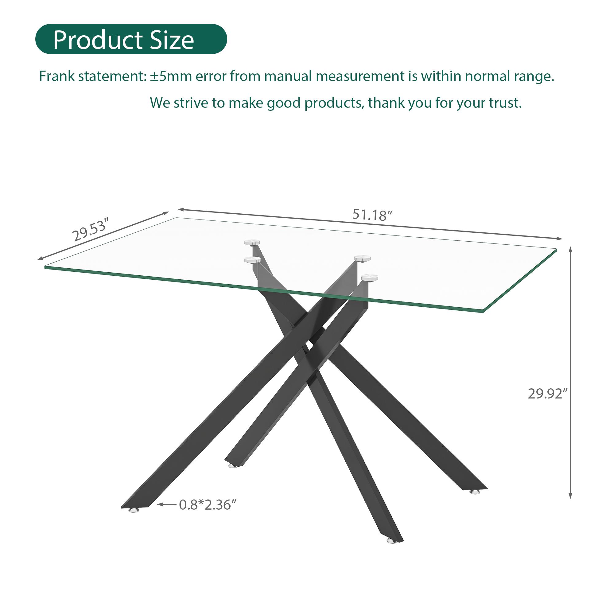 Rectangular Transparent Tempered Glass Dining Table - Modern Design with Black Metal Legs, Shatter-Resistant Surface for Kitchen & Dining Room(ONLY TABLE)