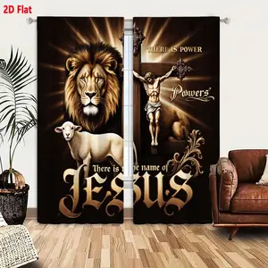 2D Flat Religious Themed 2-Piece Curtain Set, Home Decoration Curtain, Dark Brown Background with Golden Light Cross Jesus, Inspirational 'There is Power There is the Name of JESUS' Gothic Text, Decorative Window Drapes for Home Living Room