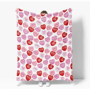 Valentine Flannel Blanket Throw, Pink Hearts with Words Soft Fuzzy Plush Cozy Flannel Blankets for Couch Sofa Bed Lounging, Ideal Gifts for Kids Adults Wife Self, 50x60