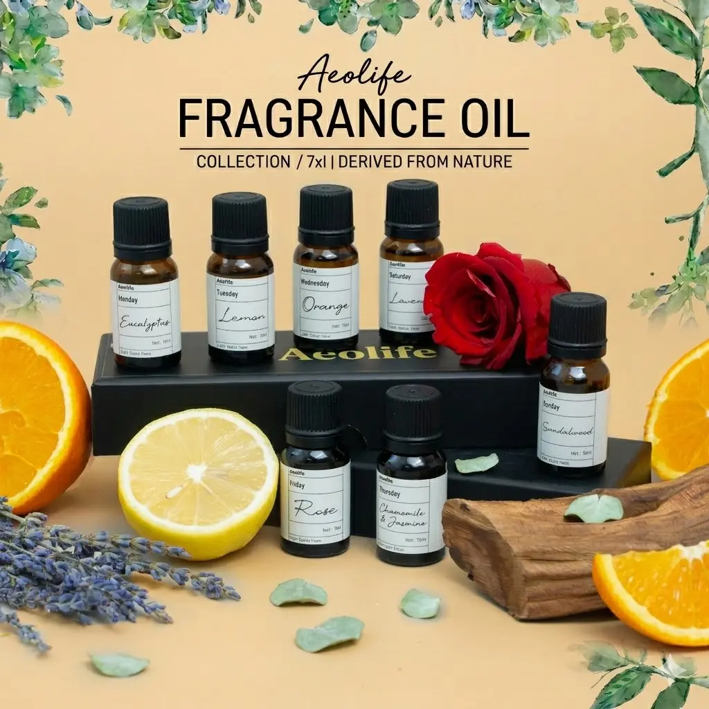 Aeolife Scent Calendar Wellness Essential Oil Set (7 x 10ml Bottles) - Therapeutic Mood-Boosting Aromatherapy for Work Support & Sleep, Compatible with Incense Cups, Bathing Balls & Perfumes, Featuring Aromatic Woody and Floral Scents Organic Coconut Oil