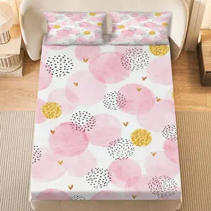 3Pcs Pink Gold Polka Dot Fitted Sheet Three Piece Set (1*Fitted Sheet+2*Pillowcases, Coreless), Valentine's theme, Chic Modern Bedding Set, Mattress protector Soft, Breathable