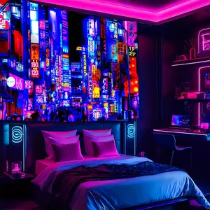 Tokyo Cyberpunk City UV Reactive Fluorescent Tapestry, Glow-in-the-Dark Polyester Wall Decor for Bedroom, Party, Game Room, and Living Room, Multiple Sizes Polyester Fabric for Wall Decoration, Easy to Clean and Maintain. Soft and Durable Material