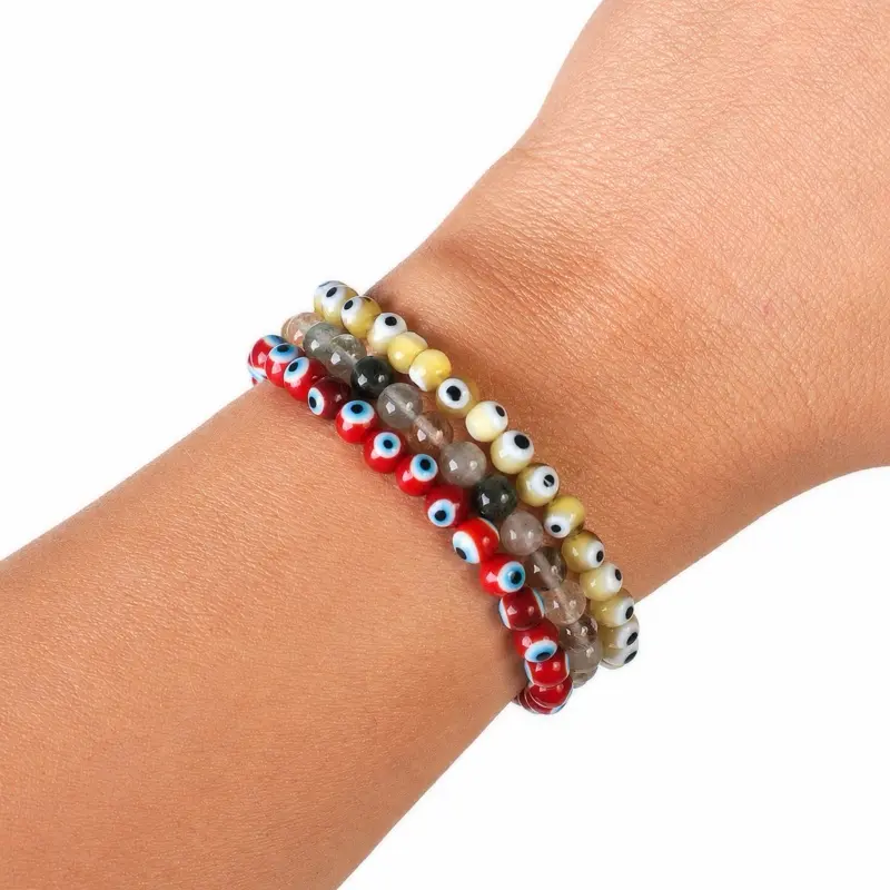 3-Piece Evil Eye Bracelet Stack - Red & Yellow Evil Eye & Multi Rutile Quartz - Natural Stone Beads for Protection Positivity & Empowering Energy
