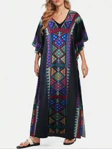 Women's Ethnic Print Long Dress, Casual V-Neck Half Sleeve Batwing Loose-Fit, Muslim Beachwear for All Seasons, Trendy Vacation, Summer