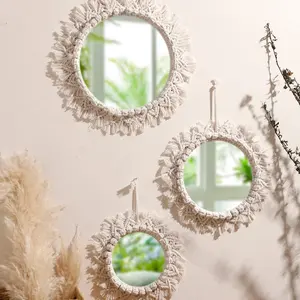 Round Boho Mirror, 1 Count Handwoven Boho Macrame Wall Hanging Mirror, Boho Mirrors for Wall Decor Living Room, Aesthetic Nursery Mirror for Bedroom Home Decor, Living Room Decor, Decoration, Wall Mounted Mirror