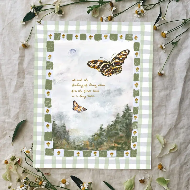 Noah Kahan | Song Lyric Print | Watercolor Art Illustration | Great Divide Last of the Bugs, Vermont Butterfly Landscape [UNFRAMED]