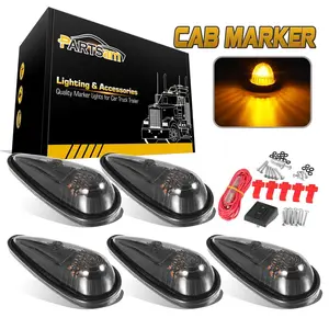 Partsam 5pcs Front Rear Smoke Lens Teardrop Cab Light 9LED Amber Cab Marker Light Top Clearance Roof Running Light with Wiring Pack for Trucks, Vans, Pickups, semis and RVs Side Lamp