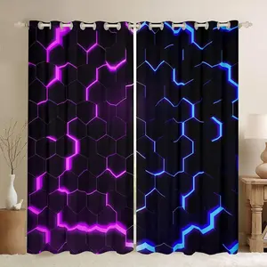 Honeycomb Curtains (2 Panels, 38x54 in) - Purple Blue Hexagonal Pattern, 30%-50% Blackout Drapes, Geometrical Darkening Window Treatments, Easy-to-Clean Beehive Curtains to Beautify Your Room