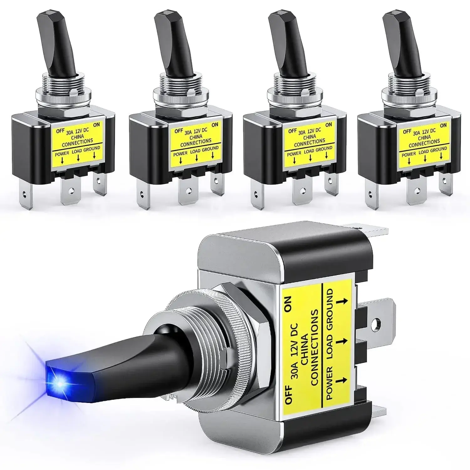 Nilight 5-Piece 3-Pin SPST Blue LED Toggle Switch, 30A Rating, Metal Body, Blade Terminals, for Motor Vehicle & Automotive Electrical Equipment, Led Light Switches, Power Switches