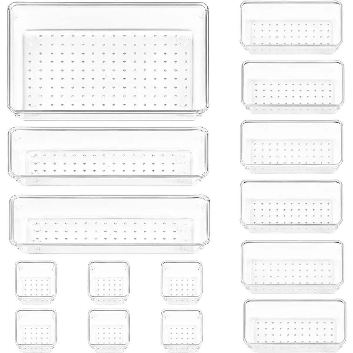 15 PCS Clear Plastic Drawer Organizers Set, 4-Size Versatile Bathroom and Vanity Drawer Organizer Trays, Storage Bins for Makeup, Bedroom, Kitchen Gadgets Utensils and Office Boxes outdoorstoragestation