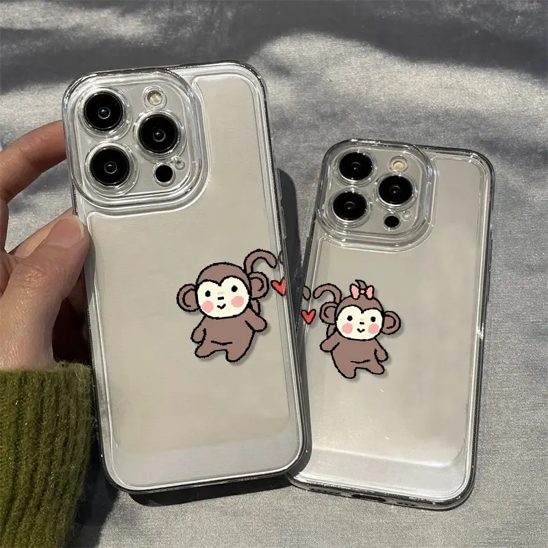 Clear Shockproof TPU Phone Case, Cute Pixel Art Couple Monkey Print, Full-Body Protective Cover with Precise Cutouts for iPhone & Samsung Galaxy, Minimalist Kawaii Matching Bumper Case