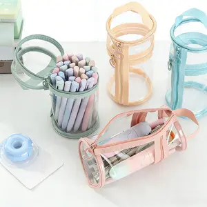 1 piece of large-capacity storage cylinder pen holder transparent waterproof student stationery storage bag