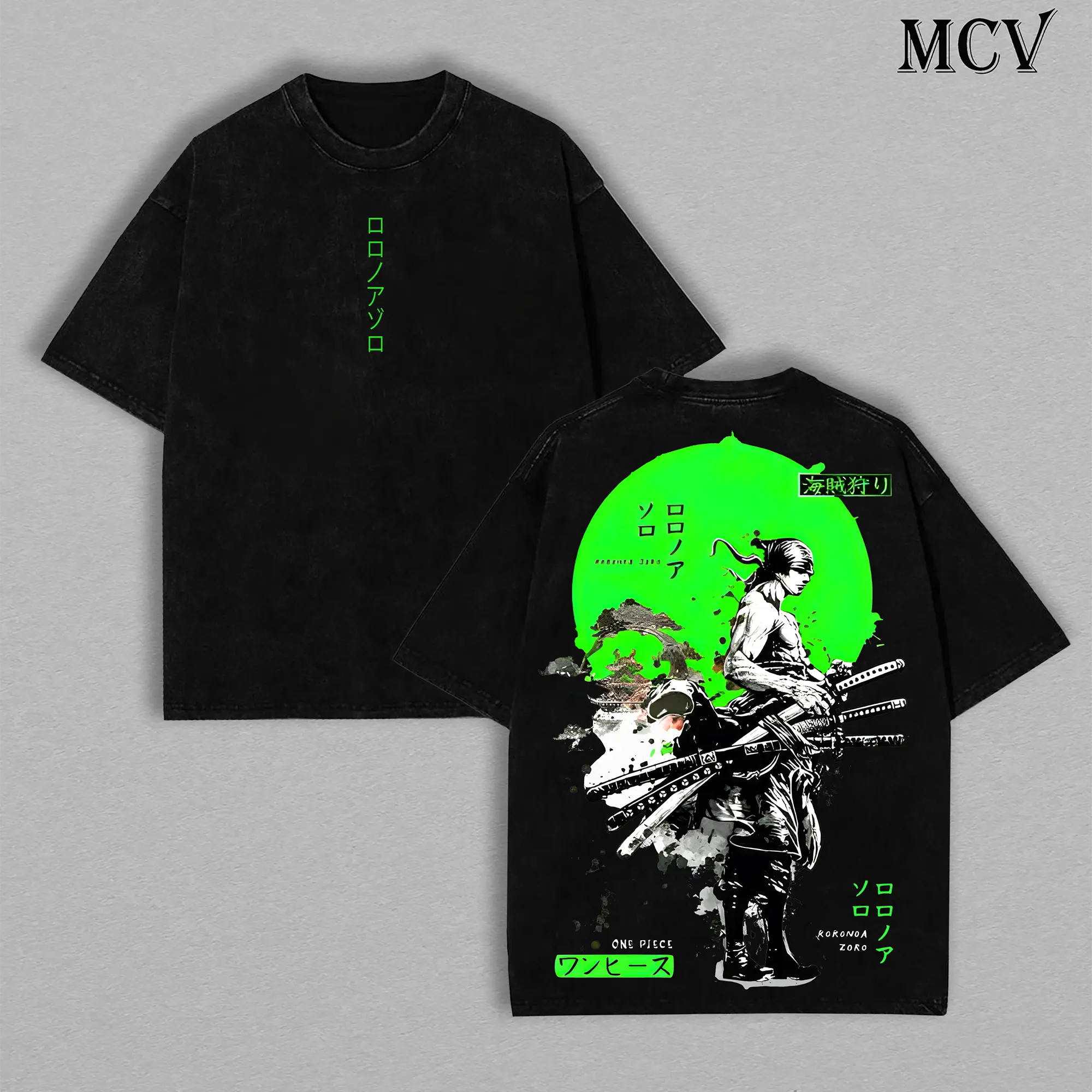 Roronoa Zoro Tshirt - Vintage Oversized Double Sided Anime Graphic T-Shirt, One Piece Collab, Acid Wash Lightweight Streetwear Menswear, Anime & Manga Lovers, Retro Casual Wear for Fans.