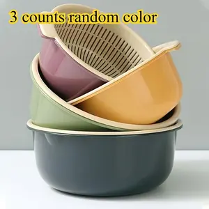 Vegetable Washing Bowl Set, 3-Piece Plastic Dual-Layer Drain Basket, Rice Washing Basin, Kitchen Fruit Cleaning Bowl