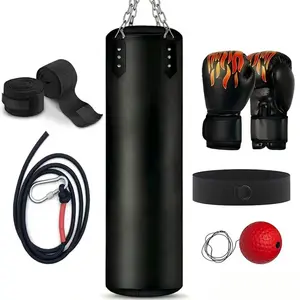 PU Leather Heavy Punching Bag Set with Adjustable 1.7m Height Rope, Red Flame Speed Ball, 1.2m Hand Wraps, Secure Belt for Indoor/Outdoor Home Gym Boxing Reflex Drills, Ideal for Beginners outdoorfun