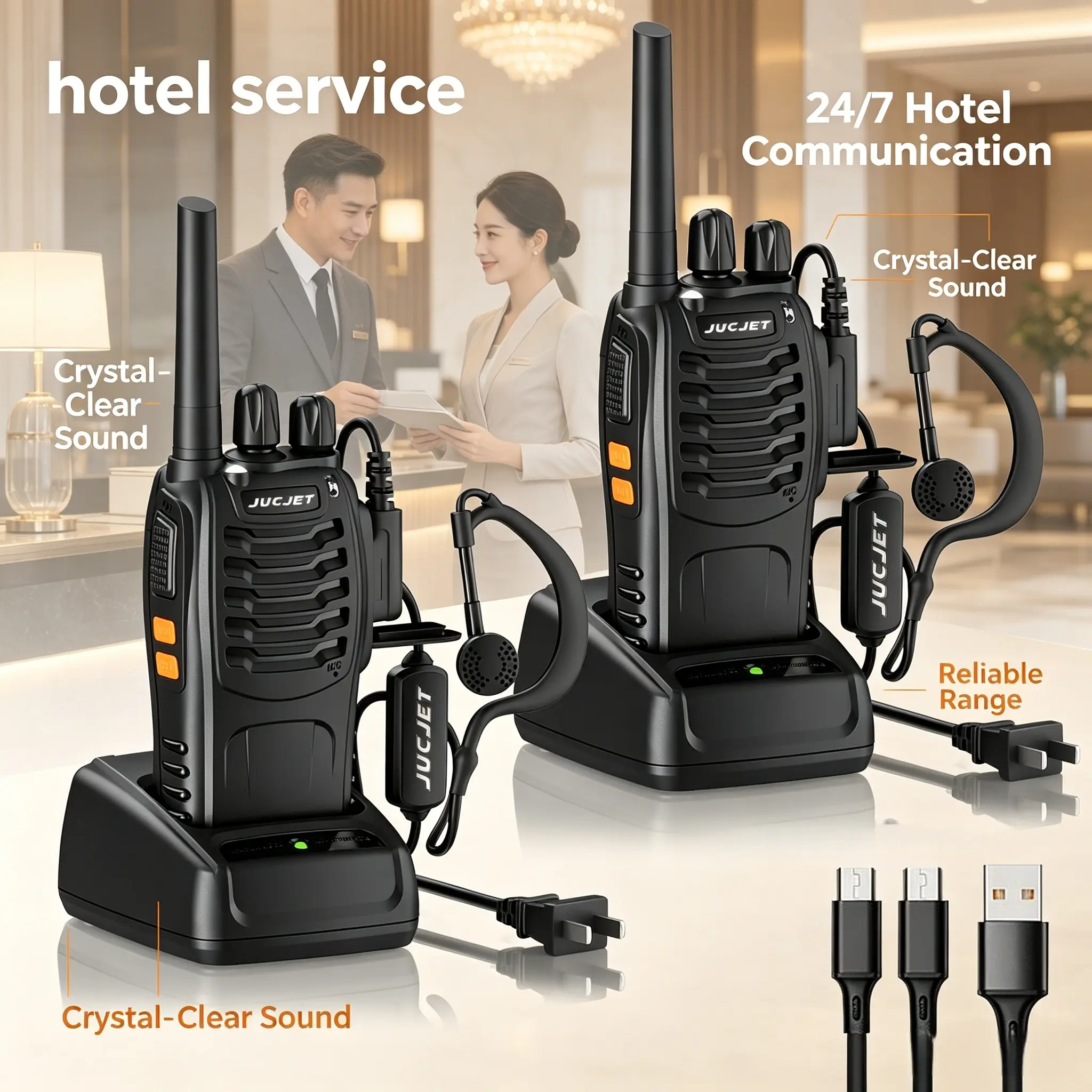 JUCJET 888s Rechargeable Portable Walkie Talkies 2-Pack, 16-Channel Heavy Duty Handheld Transceivers with Plug-In Type-C USB Charger, Distinct Sound, Easy-Press Button, Original Earpieces for Work Site Communication, Fast US Arrival, Speaker
