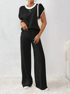 2pcs/Set Women's Loose Knit Casual Contrast Trim & Drawstring Sweater & Pants