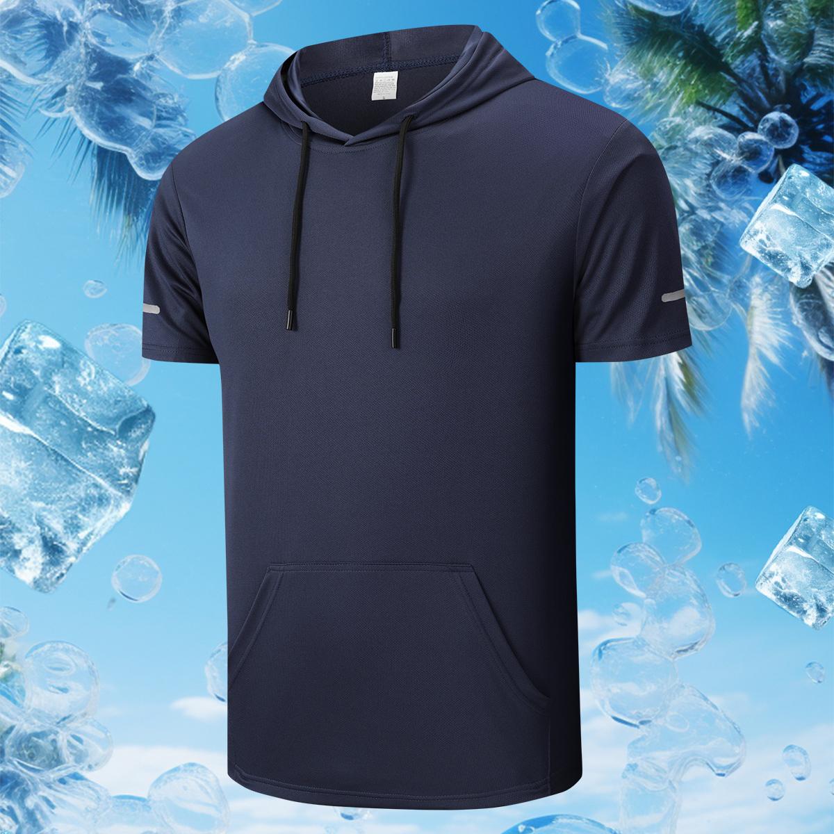 Men's sports hooded T-shirt with kangaroo pocket, breathable and quick-drying fabric, suitable for running and exercising, indoor fitness, etc