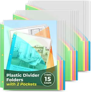 Plastic Binder Pocket 3 Hole Punched (3 Sets, 15 Count) Slash File Jackets for 8.5x11 Paper, Project Sleeves for 3 Ring Binder, No Tab, 5 Color Dividers with Front &  Pockets