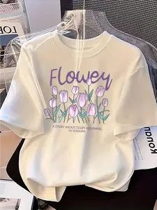 Summer Collection: Girls' Casual Floral Print T-Shirt - Soft & Breathable White Crew Neck Tee with "FLOWEY" Design, Short Sleeve, Loose Fit, Machine Washable, Perfect for Casual Attire, cute summer outfits trendy tops for school