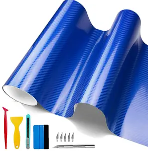 Car 6D Glossy Carbon Fiber Wrap, 1FT × 10FT DIY Automotive Vinyl Wrapping Film Roll With Scraper, Anti-Scratch Air Release Vehicle Interior Self Adhesive Sticker (Blue)