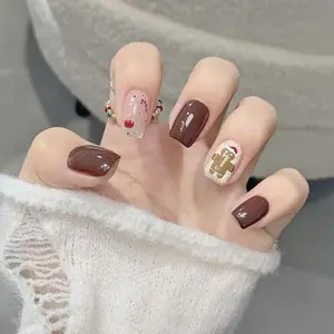 24pcs Short Square Fake Nails, Chocolate Cat Eye Design, Gingerbread Man & Cane Sugar Decorations, Satin Sheen Finish