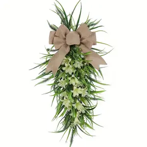 Artificial Lily Flower Wreath, Door Hanging Floral Decor, Year-Round Home Decoration, French Country Style, Fresh Wreath for Festivals