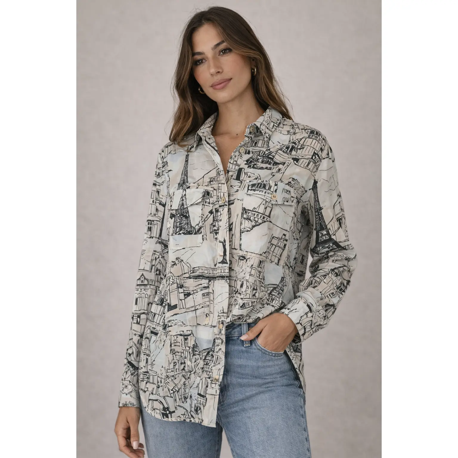 Karl Lagerfeld — Blouse | Parisian Landmarks Watercolor Print · Sz L