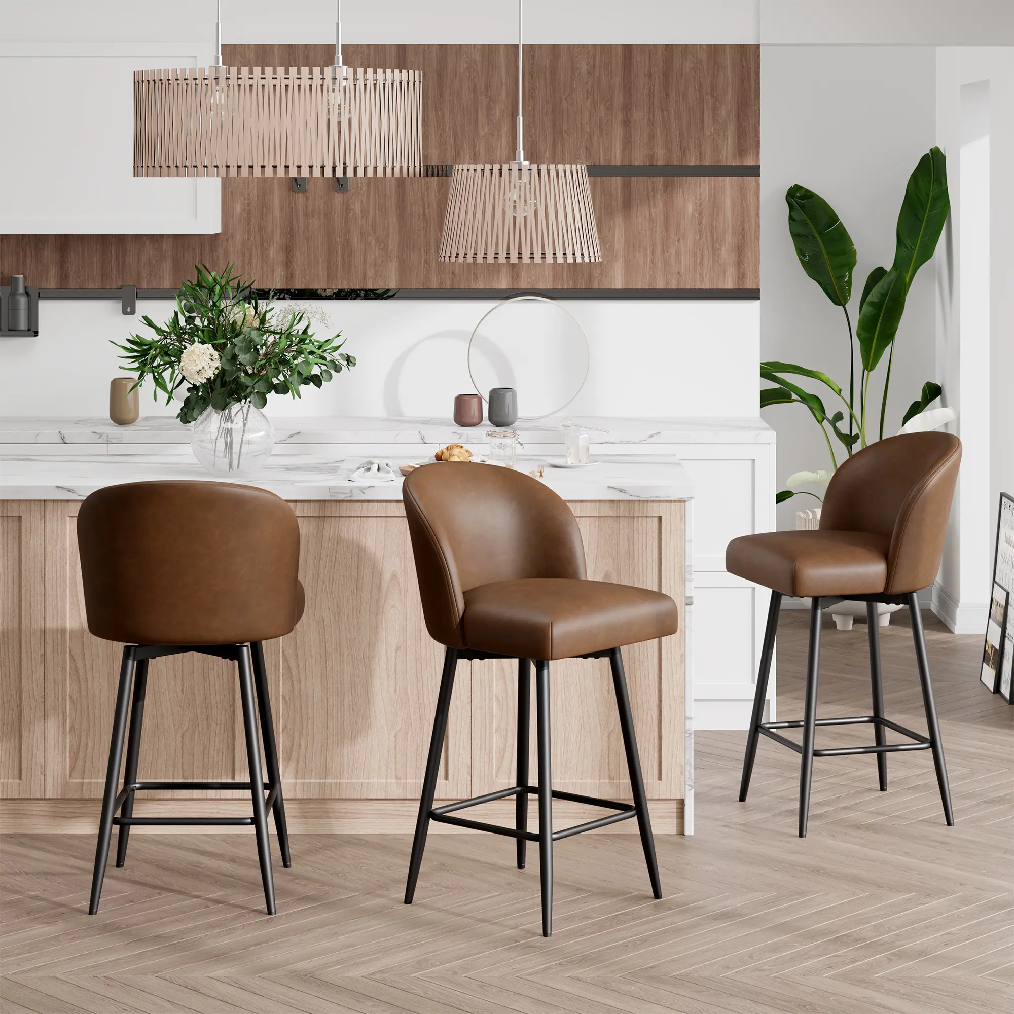Vintage PU Leather 360° Swivel Bar Stool, Ergonomic Curved Backrest, Sturdy Iron Legs, Easy Assembly