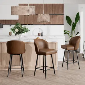 Vintage PU Leather 360° Swivel Bar Stool, Ergonomic Curved Backrest, Sturdy Iron Legs, Easy Assembly