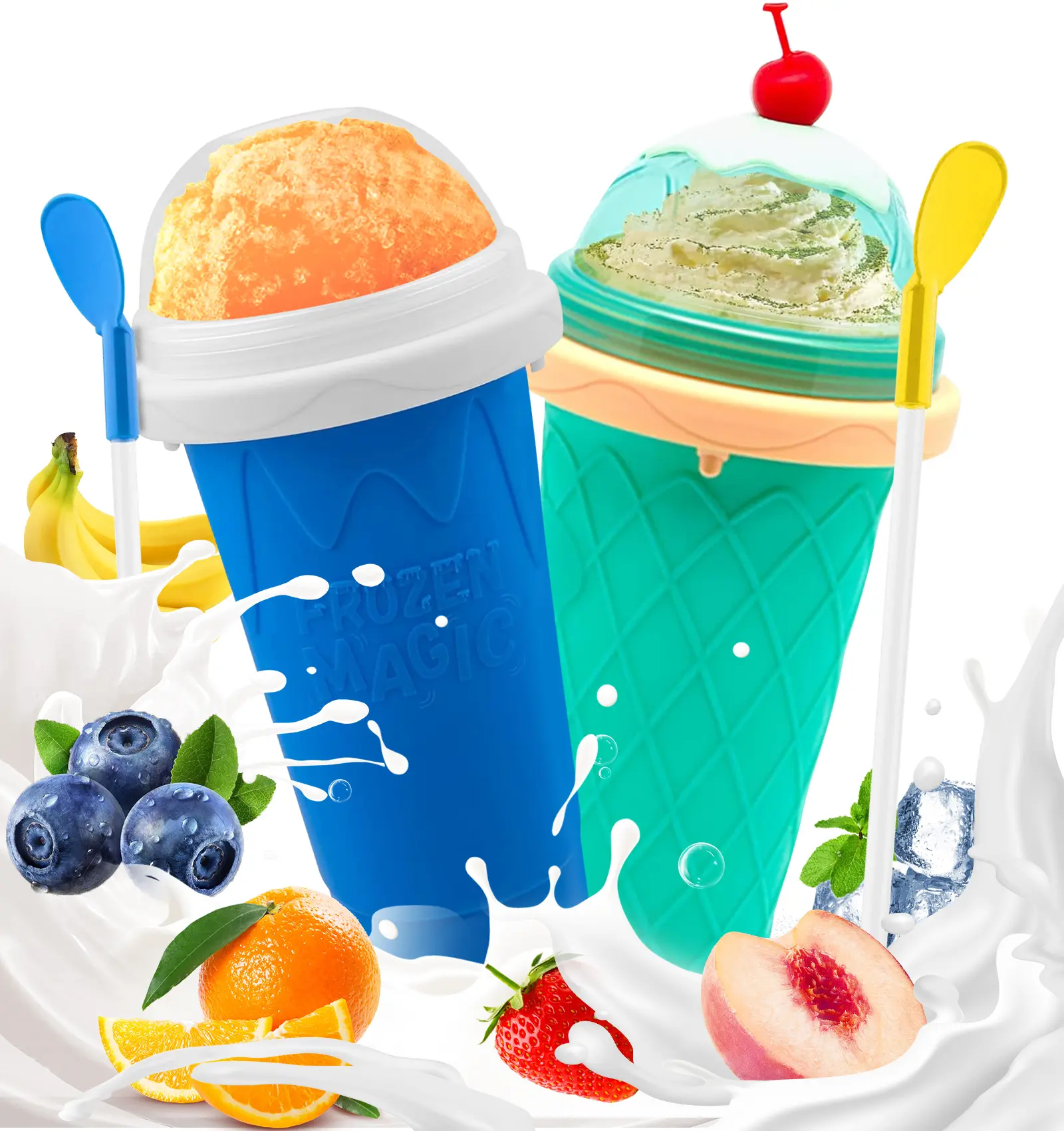 Slushie Cup, 2 Pack Slushy Maker Cup, DIY Frozen Magic Squeeze Cups with Lid & Straw for Juice Milk Yogurt Smoothie, Cool Stuff Things for Kids Friends (Blue+Green)