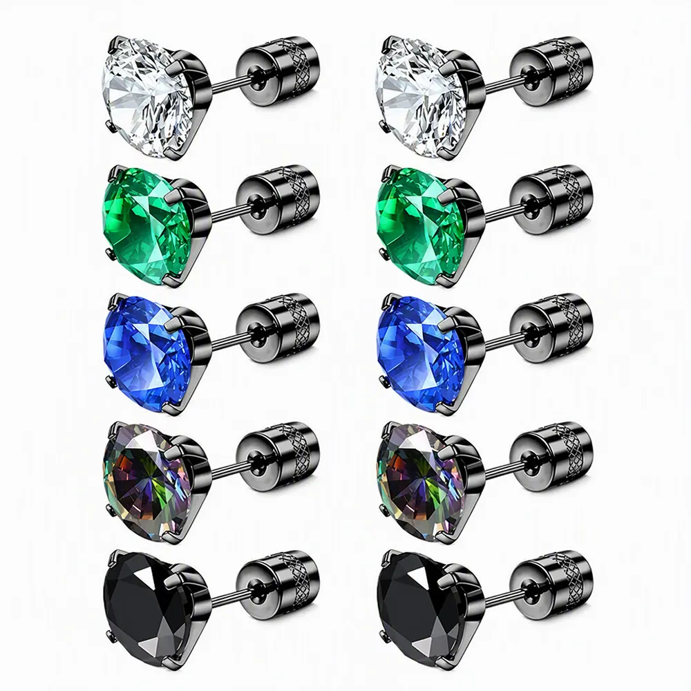 5 Pairs Titanium Screw Back Surgical Stainless Steel Earrings for Women Men | Hypoallergenic Rainbow 5A Cubic Zirconia Studs Double Side Earrings Piercing Sleeper Jewelry 6mm for Cartilage Piercing Sleep