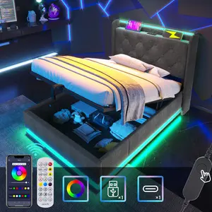 Twin/Full/Queen/King size Upholstered bed, 360 surround LED function, Buttons/Apps/Remote Control, hydraulic storage bed with USB Type-C charging, Gray,Linen (Without mattress)