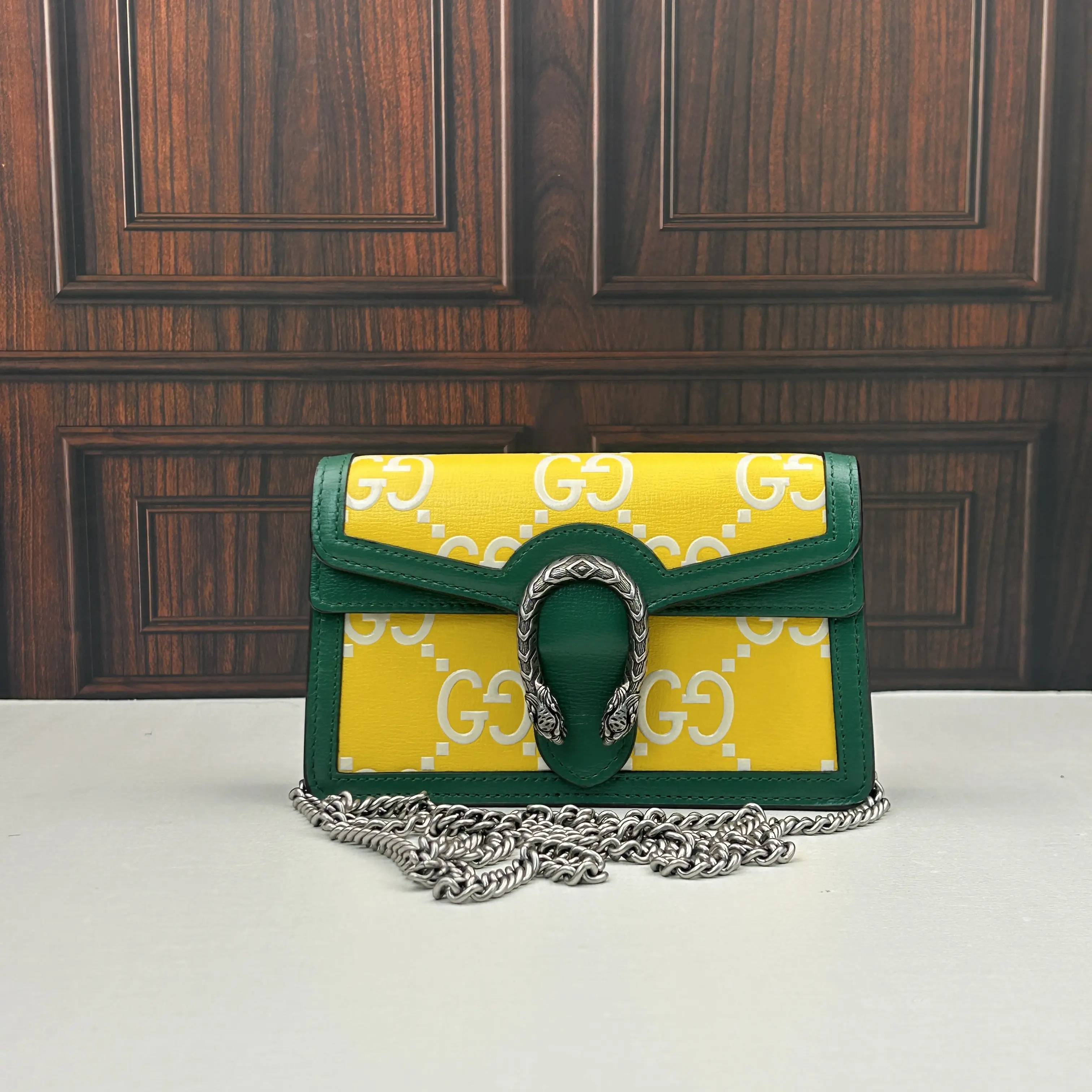 Pre-owned GUCCI Super Mini Dionysus GG Monogram Green Yellow Colorblock Chain Bag 888