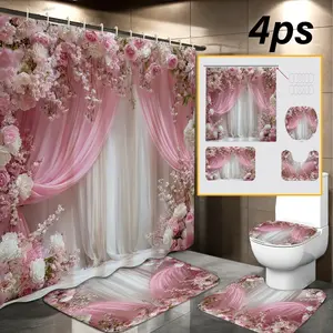 1/4pcs  Valentine Series Rose Shower Curtain Set, Non-Slip Mat, U-Shaped Rug, Toilet Lid Cover, Bathroom Decor, Includes 12 Hooks