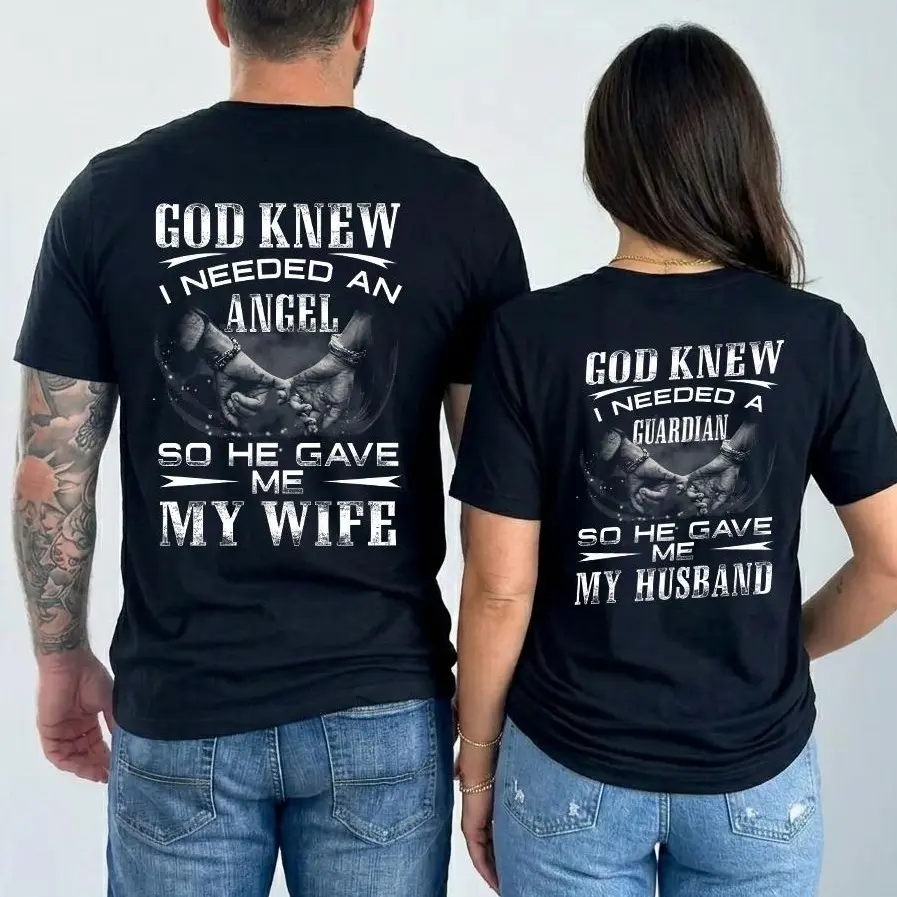 God Knew I Needed An Angel A Guardian He Gave Wife Husband Matching Hoodies For Couple Graphic Couple Hoodies Casual Fleece Fabric Pullover for Women for Men, Perfect Gift Classic Menswear Cotton Spandex, Gift for Husband, Wife