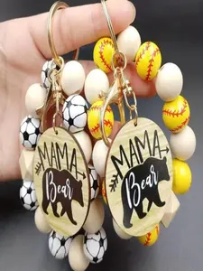 Sport Themed Keychain, Soccer & Basketball & Baseball & Volleyball & Rugby Design Wooden Beaded Keychain, Fashion Accessories for Men & Women