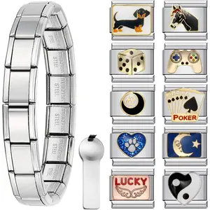Stainless Steel 6.75 Inch Italian Charm Bracelet Starter with Opening Tool Interchangeable 9mm Modular Links Nomination Bracelet  for Women Men
