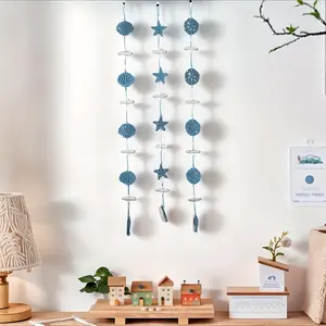 【Set of 3】3D Wooden Starfish Scallop Fish Hanging Ornaments Mediterranean Blue Style for Home Wall Decor/Theme Party/Summer Holiday Gift