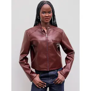 Cider [size 2-26] Faux Leather Stand Collar Solid Zipper Pocket Biker Jacket