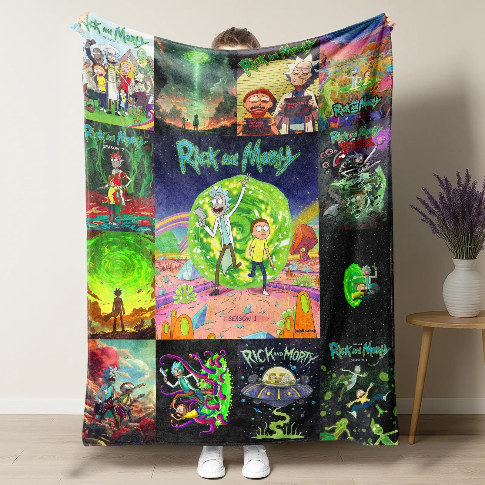 Rick and Morty Art Collage Anime Throw Blanket - 100% Brushed Flannel, Premium, Funny, Soft Cozy, for Bed Sofa, Bedroom Decor, Room Decorations, Mom Birthday Gifts, Fans' Home Gift