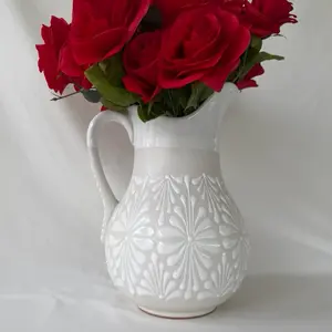 Handmade Talavera White Jarra with White Rim - Decorative Vase for Flowers, Ideal for Home Decor