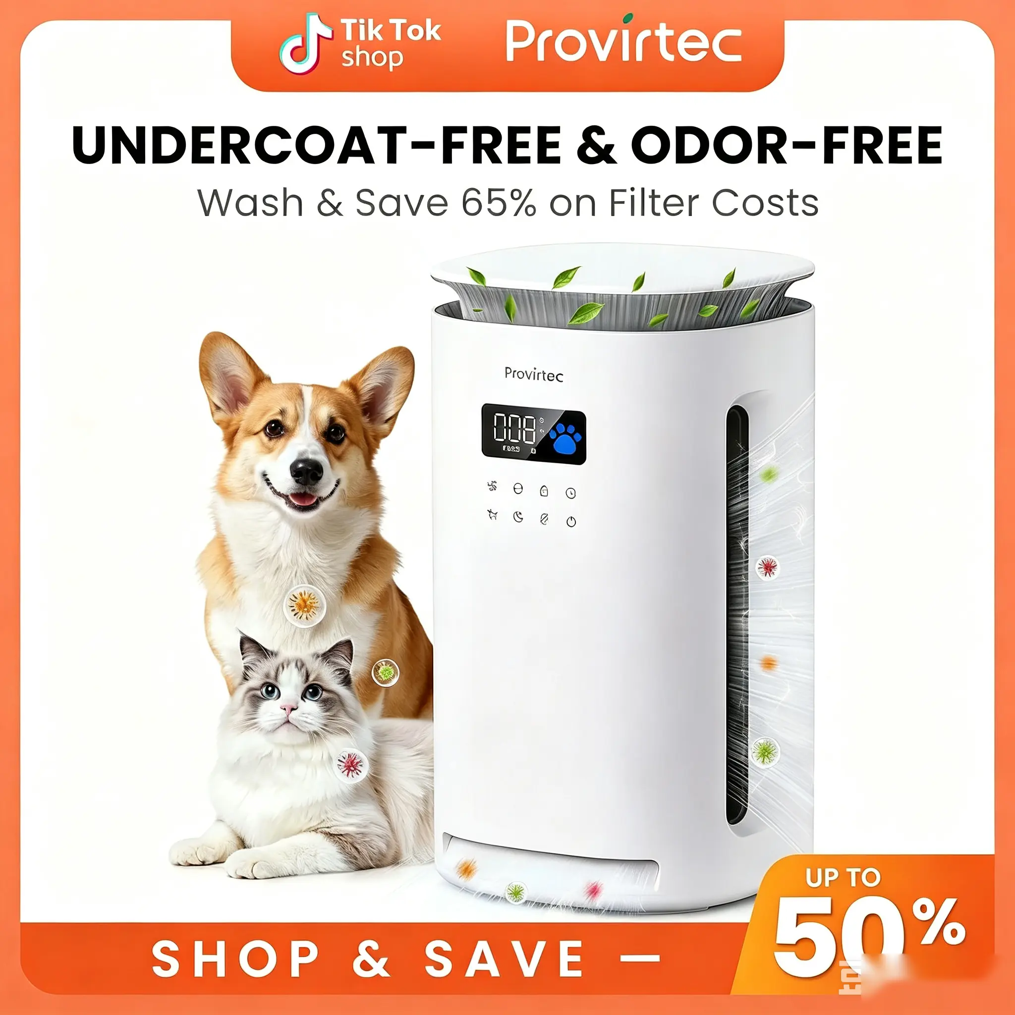 Provirtec Pawtent Pet Air Purifier for Home Kitchen Living Room, DC-Powered ABS-Body, H13 True HEPA Filter for Allergy Relief, Captures Floating Cat&Dog Hair&Dander, Includes 3 Washable Replacement Pre-Filters