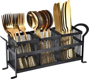 Kitchen Utensil Holder, Silverware Organizer Holder, Compact Metal Organizer for Flatware, Spoons, Forks, and  - 3 Separate Compartments  for Kitchen Countertop- Black