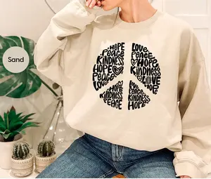 Inspirational Peace Sign Graphic Sweatshirt for Women, Cute Positive Motivational Quotes Sweatshirt, Floral Peace Love Hope Kindness Sweatshirt