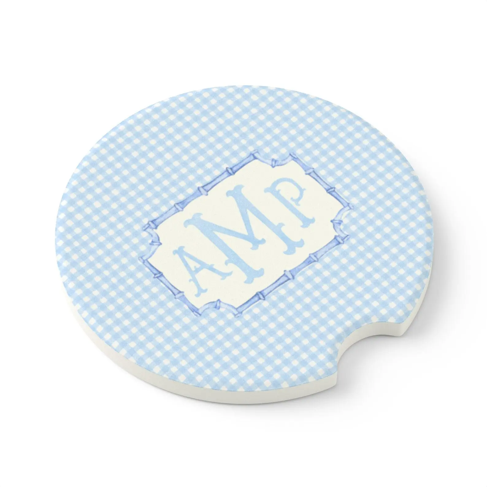 Monogram Blue Check Car Coasters: Personalized Sandstone Auto Accessories