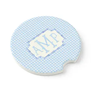 Monogram Blue Check Car Coasters: Personalized Sandstone Auto Accessories